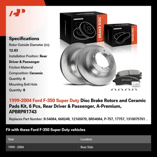 1999-2004 Ford F-350 Super Duty Disc Brake Rotors and Ceramic Pads Kit, 6 Pcs, Rear Driver & Passenger, A-Premium, APBRPR1743