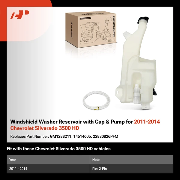 Windshield Washer Reservoir with Cap & Pump for 2011-2014 Chevrolet Silverado 3500 HD
