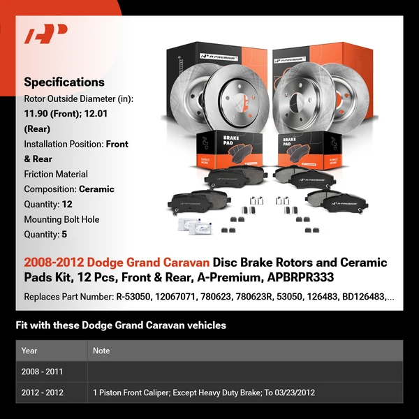 2008-2012 Dodge Grand Caravan Disc Brake Rotors and Ceramic Pads Kit, 12 Pcs, Front & Rear, A-Premium, APBRPR333