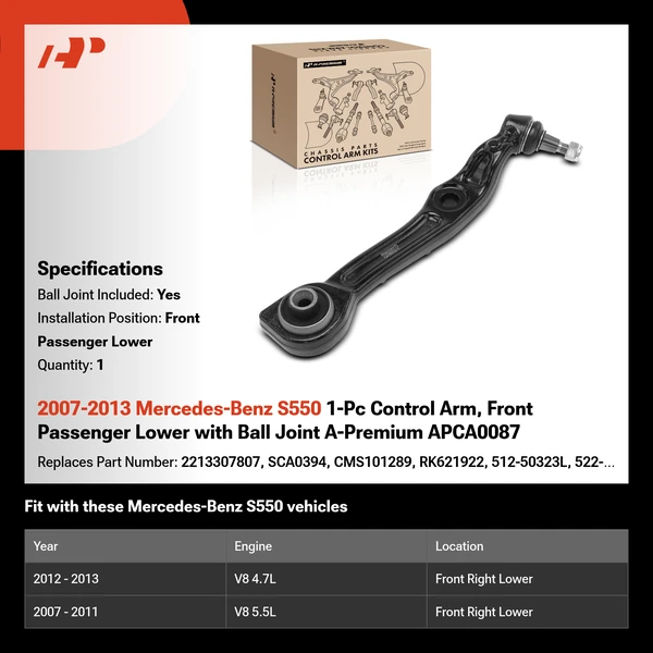 2007-2013 Mercedes-Benz S550 1-Pc Control Arm, Front Passenger Lower with Ball Joint A-Premium APCA0087