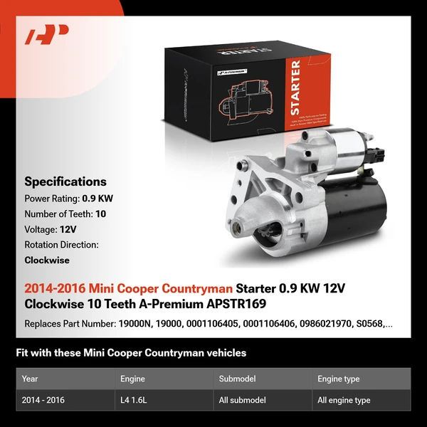 2014-2016 Mini Cooper Countryman Starter 0.9 KW 12V Clockwise 10 Teeth A-Premium APSTR169