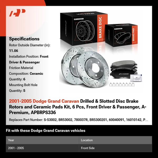 2001-2005 Dodge Grand Caravan Drilled & Slotted Disc Brake Rotors and Ceramic Pads Kit, 6 Pcs, Front Driver & Passenger, A-Premium, APBRPS336