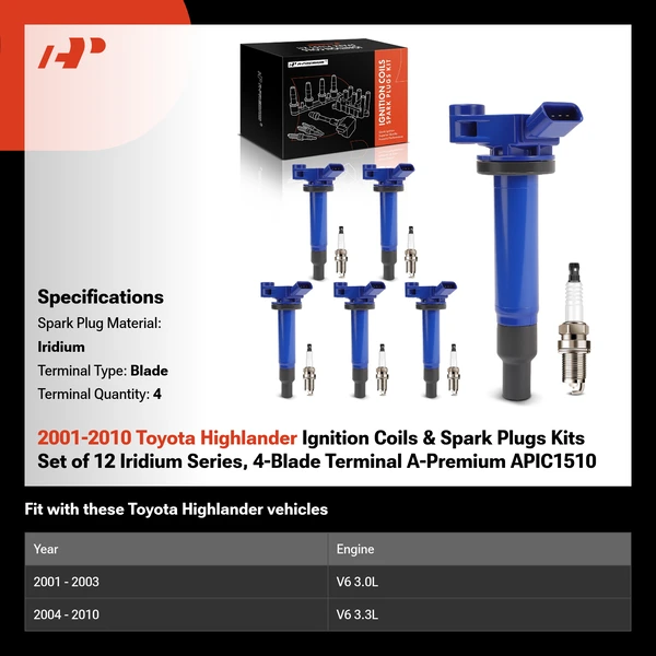 2001-2010 Toyota Highlander Ignition Coils & Spark Plugs Kits Set of 12 Iridium Series, 4-Blade Terminal A-Premium APIC1510