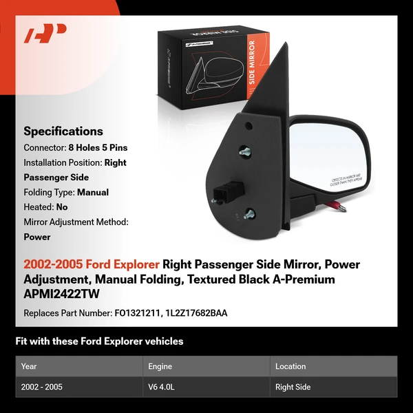 2002-2005 Ford Explorer Right Passenger Side Mirror, Power Adjustment, Manual Folding, Textured Black A-Premium APMI2422TW