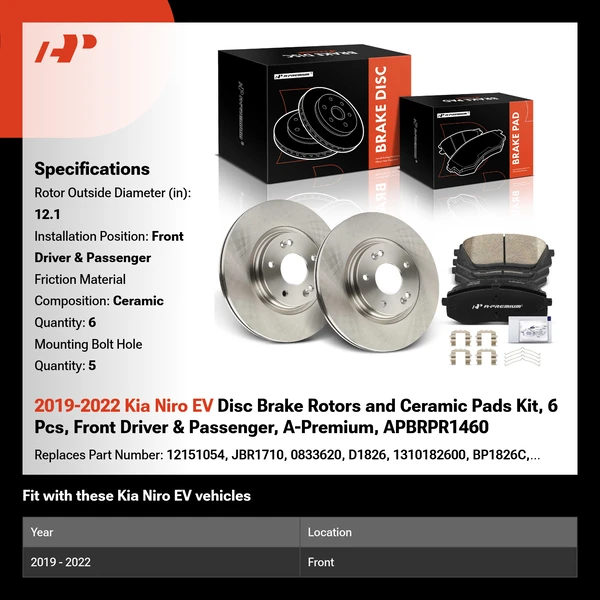2019-2022 Kia Niro EV Disc Brake Rotors and Ceramic Pads Kit, 6 Pcs, Front Driver & Passenger, A-Premium, APBRPR1460