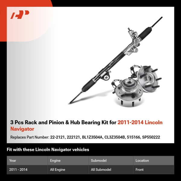 3 Pcs Rack and Pinion & Hub Bearing Kit for 2011-2014 Lincoln Navigator