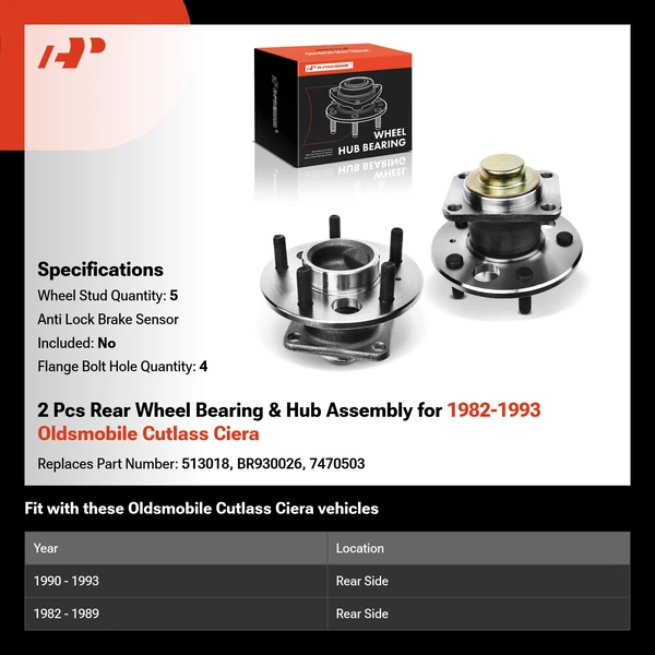 2 Pcs Rear Wheel Bearing & Hub Assembly for 1982-1993 Oldsmobile Cutlass Ciera