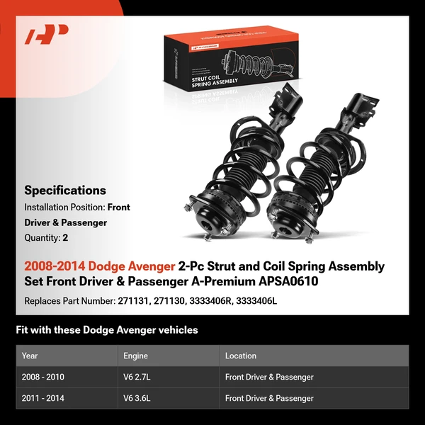 2008-2014 Dodge Avenger 2-Pc Strut and Coil Spring Assembly Set Front Driver & Passenger A-Premium APSA0610