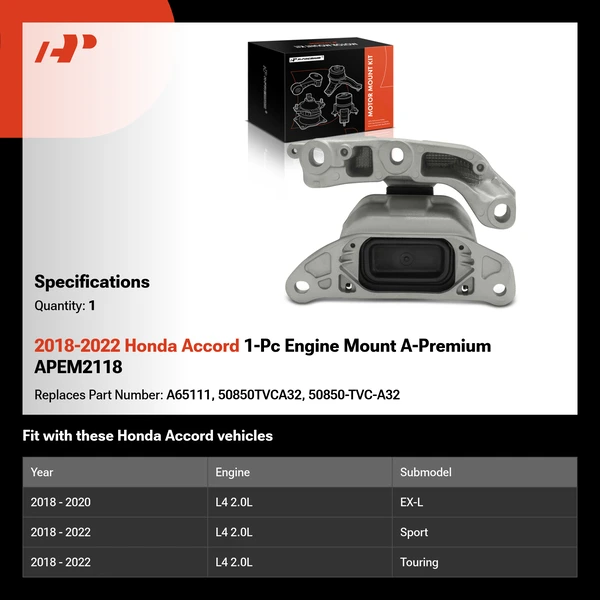 2018-2022 Honda Accord 1-Pc Engine Mount A-Premium APEM2118