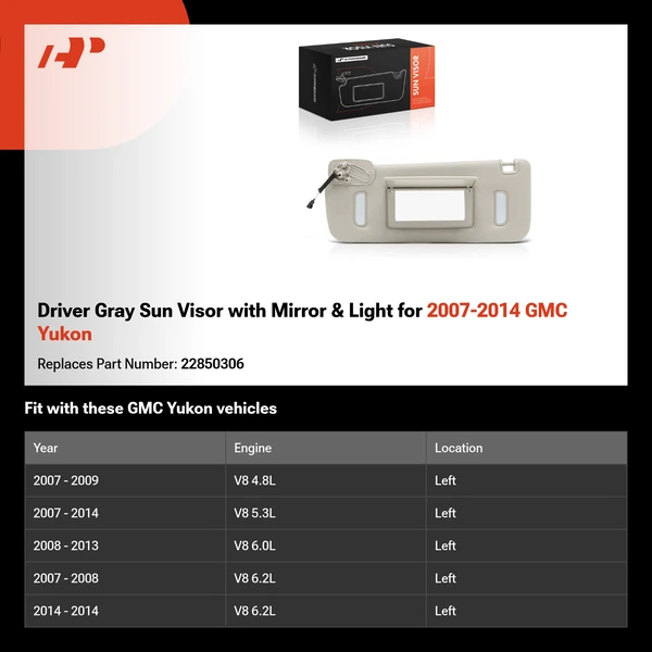 Driver Gray Sun Visor with Mirror & Light for 2007-2014 GMC Yukon