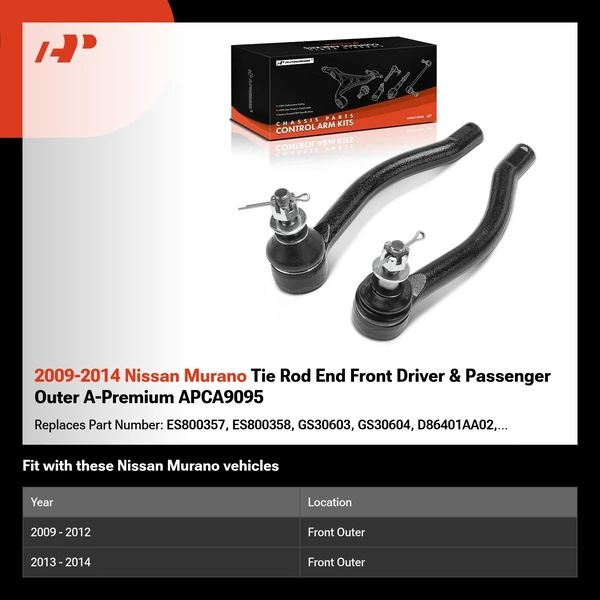 2009-2014 Nissan Murano Tie Rod End Front Driver & Passenger Outer A-Premium APCA9095