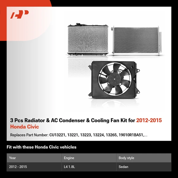 3 Pcs Radiator & AC Condenser & Cooling Fan Kit for 2012-2015 Honda Civic