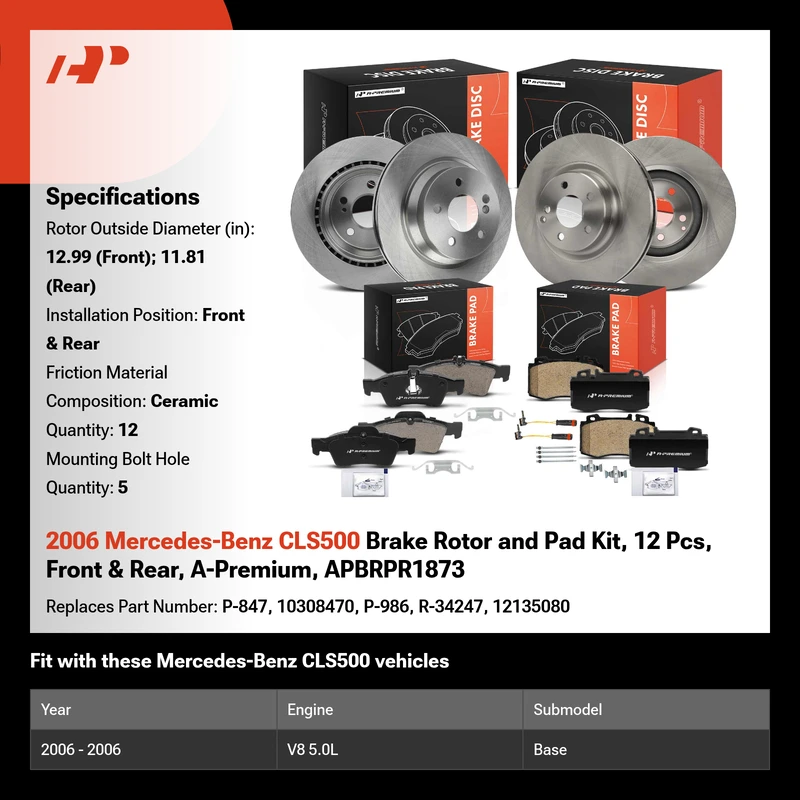 2006 Mercedes-Benz CLS500 Brake Rotor and Pad Kit, 12 Pcs, Front & Rear, A-Premium, APBRPR1873