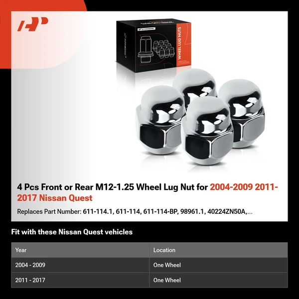 4 Pcs Front or Rear M12-1.25 Wheel Lug Nut for 2004-2009 2011-2017 Nissan Quest