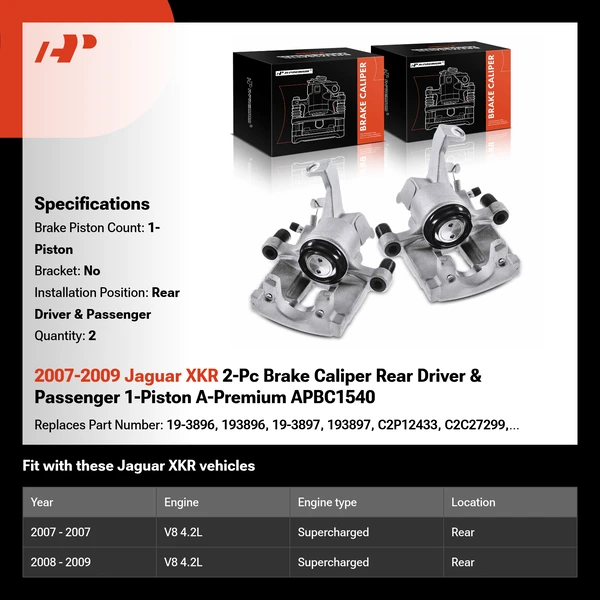 2007-2009 Jaguar XKR 2-Pc Brake Caliper Rear Driver & Passenger 1-Piston A-Premium APBC1540