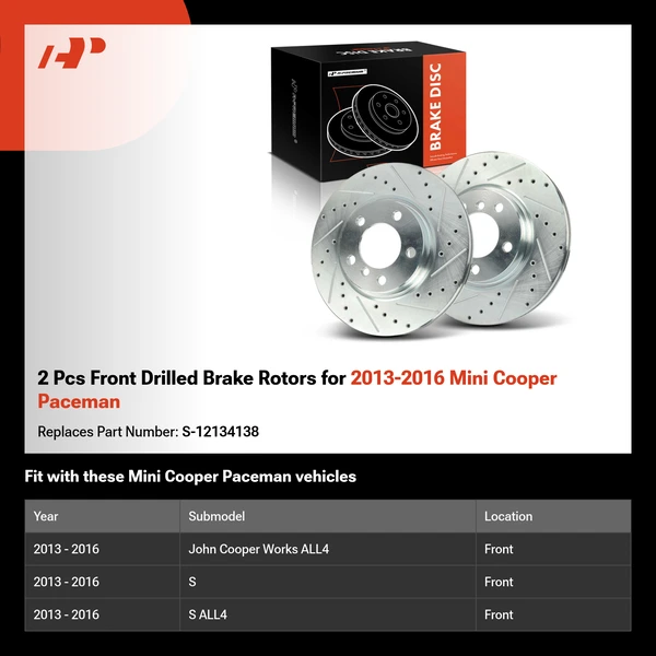2 Pcs Front Drilled Brake Rotors for 2013-2016 Mini Cooper Paceman