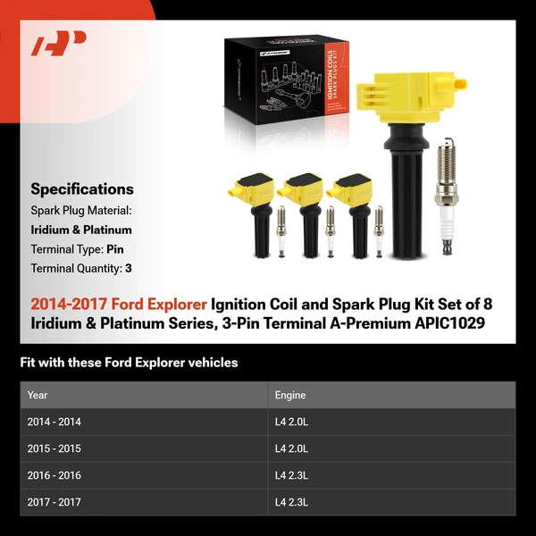 2014-2017 Ford Explorer Ignition Coil and Spark Plug Kit Set of 8 Iridium & Platinum Series, 3-Pin Terminal A-Premium APIC1029