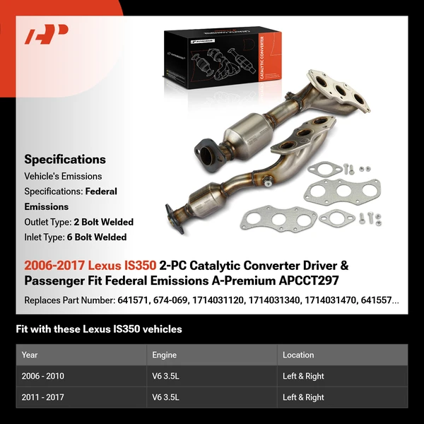 2006-2017 Lexus IS350 2-PC Catalytic Converter Driver & Passenger Fit Federal Emissions A-Premium APCCT297