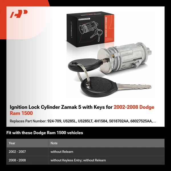 Ignition Lock Cylinder Zamak 5 with Keys for 2002-2008 Dodge Ram 1500
