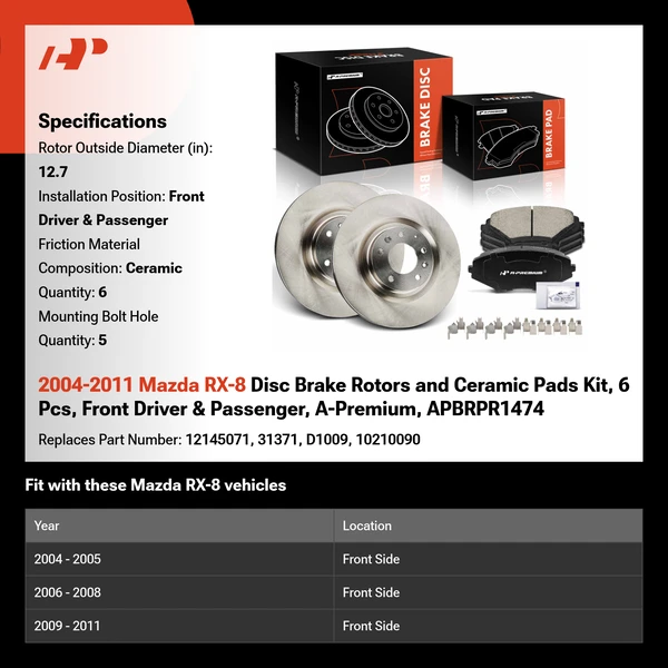 2004-2011 Mazda RX-8 Disc Brake Rotors and Ceramic Pads Kit, 6 Pcs, Front Driver & Passenger, A-Premium, APBRPR1474