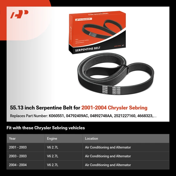 55.13 inch Serpentine Belt for 2001-2004 Chrysler Sebring