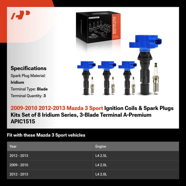 2009-2010 2012-2013 Mazda 3 Sport Ignition Coils & Spark Plugs Kits Set of 8 Iridium Series, 3-Blade Terminal A-Premium APIC1515