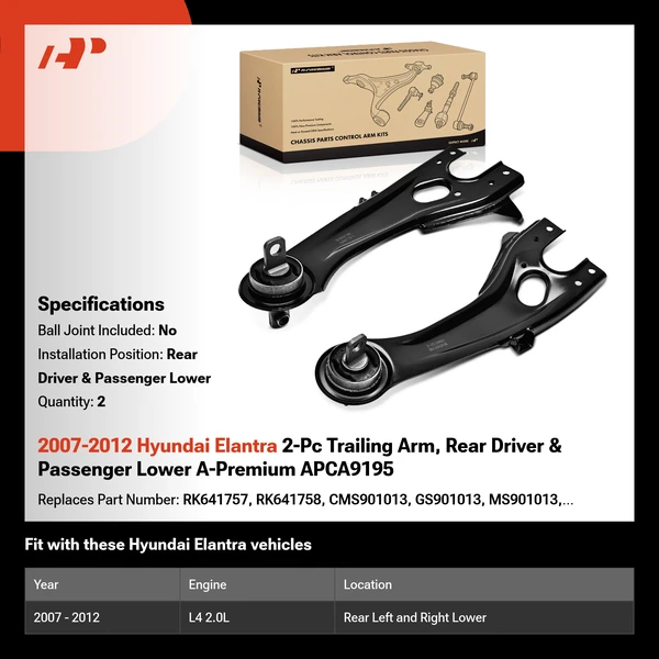 2007-2012 Hyundai Elantra 2-Pc Trailing Arm, Rear Driver & Passenger Lower A-Premium APCA9195