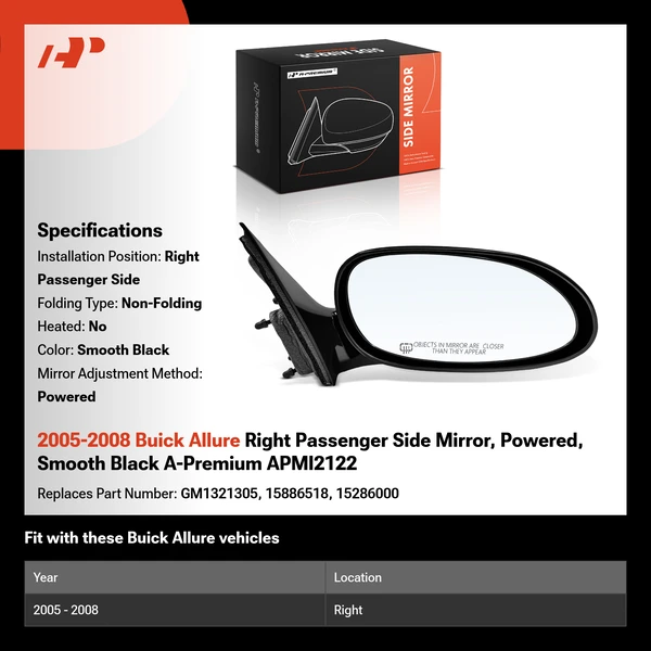 2005-2008 Buick Allure Right Passenger Side Mirror, Powered, Smooth Black A-Premium APMI2122
