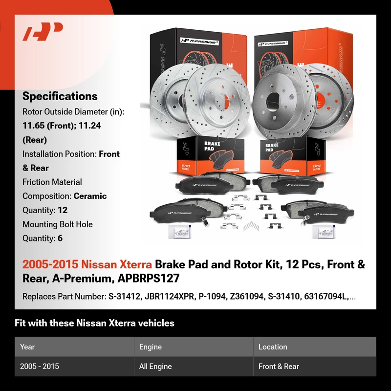 2005-2015 Nissan Xterra Brake Pad and Rotor Kit, 12 Pcs, Front & Rear, A-Premium, APBRPS127