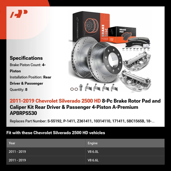 2011-2019 Chevrolet Silverado 2500 HD 8-Pc Brake Rotor Pad and Caliper Kit Rear Driver & Passenger 4-Piston A-Premium APBRPS530