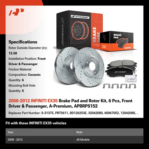 2008-2012 INFINITI EX35 Brake Pad and Rotor Kit, 6 Pcs, Front Driver & Passenger, A-Premium, APBRPS152
