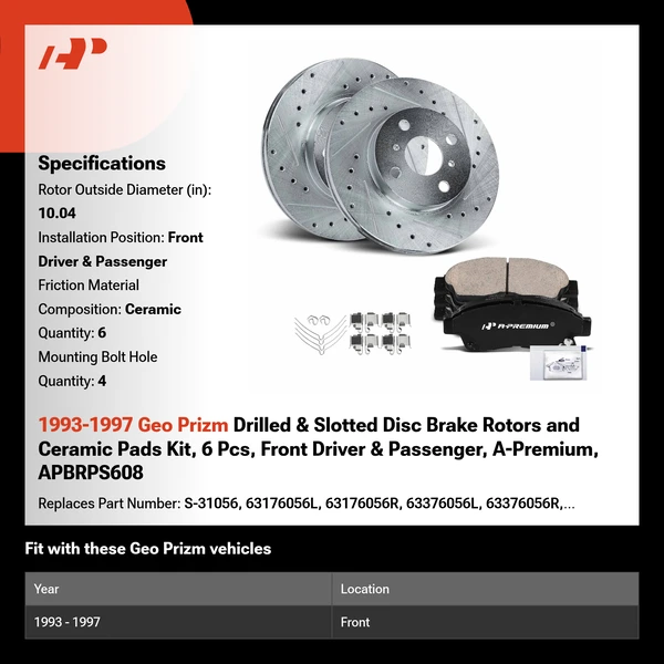 1993-1997 Geo Prizm Drilled & Slotted Disc Brake Rotors and Ceramic Pads Kit, 6 Pcs, Front Driver & Passenger, A-Premium, APBRPS608