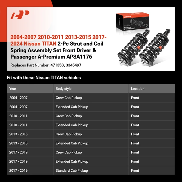 2004-2007 2010-2011 2013-2015 2017-2024 Nissan TITAN 2-Pc Strut and Coil Spring Assembly Set Front Driver & Passenger A-Premium APSA1176