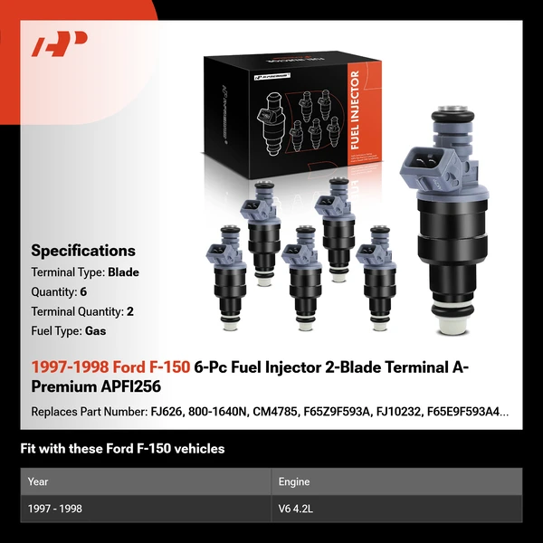 1997-1998 Ford F-150 6-Pc Fuel Injector 2-Blade Terminal A-Premium APFI256