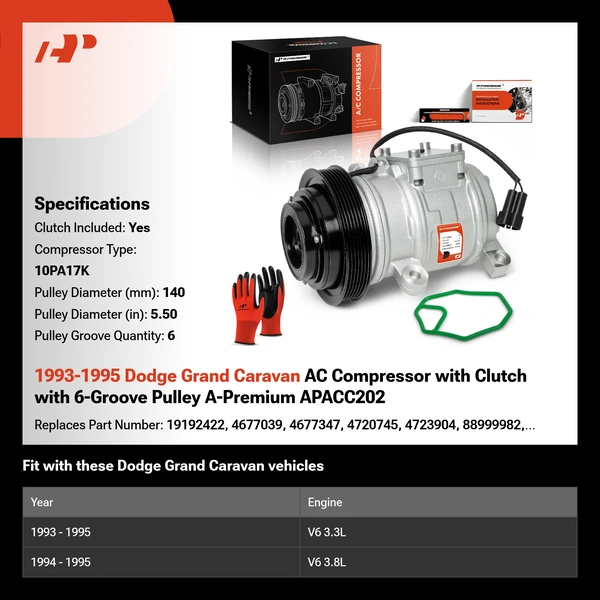 1993-1995 Dodge Grand Caravan AC Compressor with Clutch with 6-Groove Pulley A-Premium APACC202