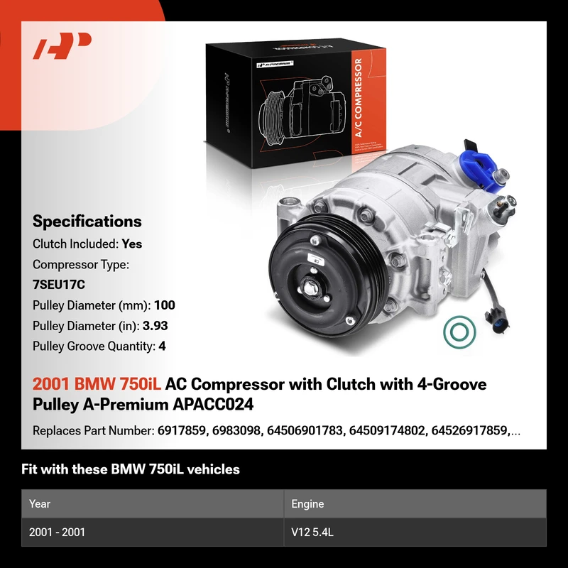 2001 BMW 750iL AC Compressor with Clutch with 4-Groove Pulley A-Premium APACC024