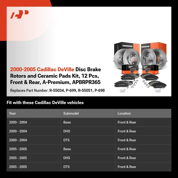 2000-2005 Cadillac DeVille Disc Brake Rotors and Ceramic Pads Kit, 12 Pcs, Front & Rear, A-Premium, APBRPR365