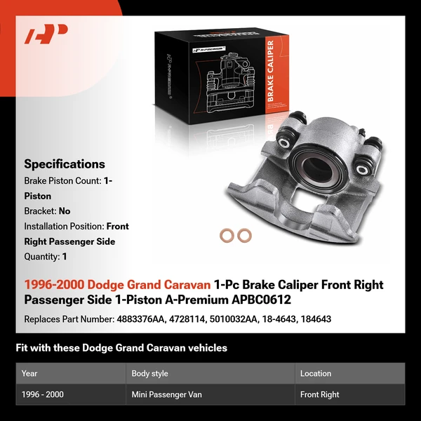 1996-2000 Dodge Grand Caravan 1-Pc Brake Caliper Front Right Passenger Side 1-Piston A-Premium APBC0612