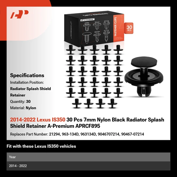 2014-2022 Lexus IS350 30 Pcs 7mm Nylon Black Radiator Splash Shield Retainer A-Premium APRCF895