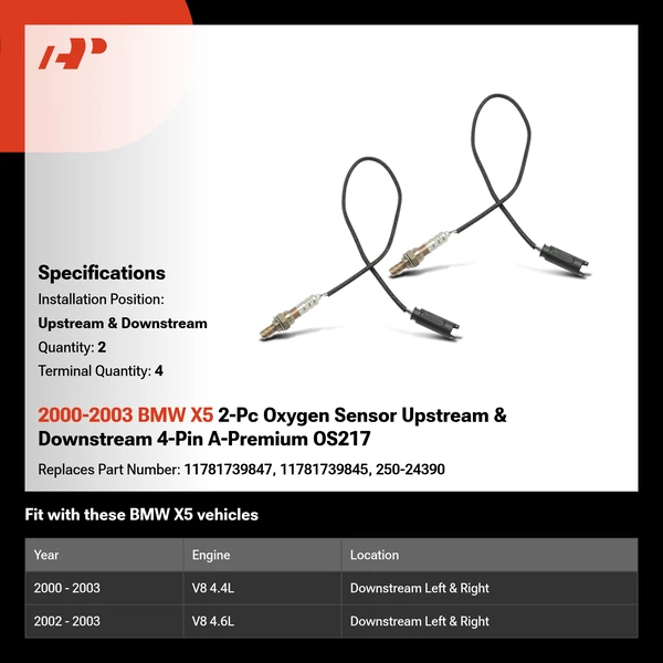 2000-2003 BMW X5 2-Pc Oxygen Sensor Upstream & Downstream 4-Pin A-Premium OS217