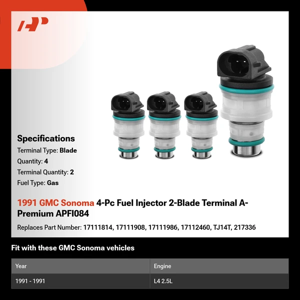1991 GMC Sonoma 4-Pc Fuel Injector 2-Blade Terminal A-Premium APFI084
