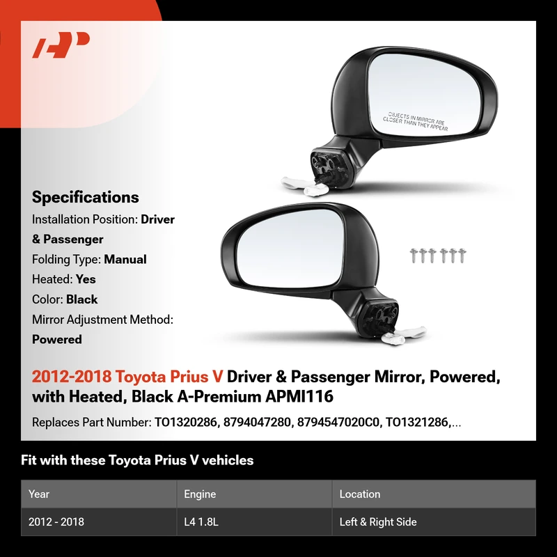2012-2018 Toyota Prius V Driver & Passenger Mirror, Powered, with Heated, Black A-Premium APMI116