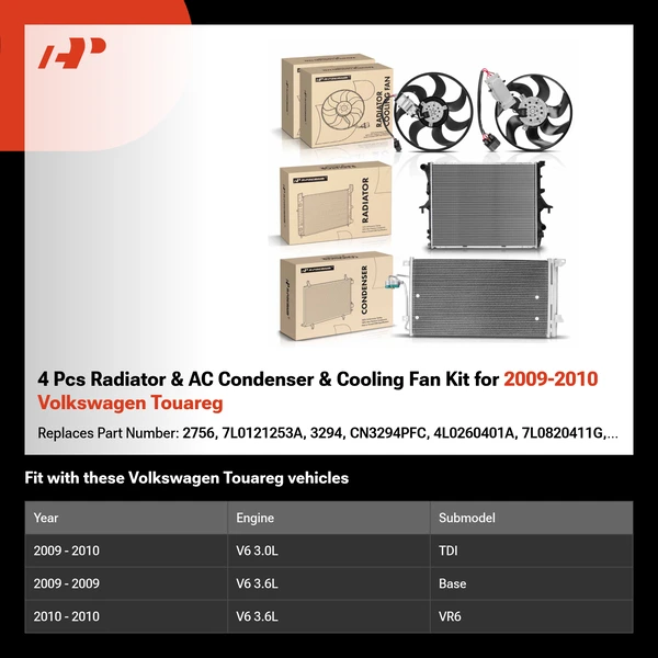 4 Pcs Radiator & AC Condenser & Cooling Fan Kit for 2009-2010 Volkswagen Touareg