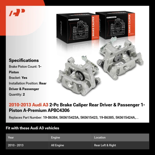 2010-2013 Audi A3 2-Pc Brake Caliper Rear Driver & Passenger 1-Piston A-Premium APBC4306
