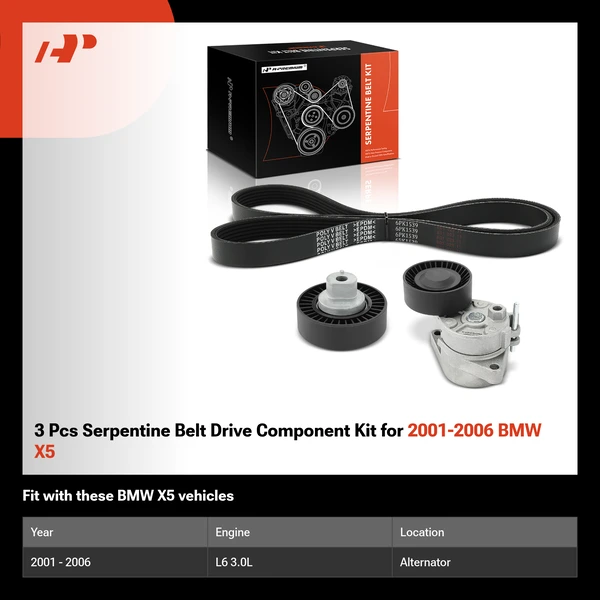 3 Pcs Serpentine Belt Drive Component Kit for 2001-2006 BMW X5