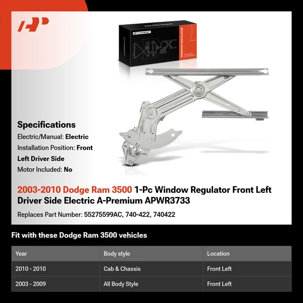 2003-2010 Dodge Ram 3500 1-Pc Window Regulator Front Left Driver Side Electric A-Premium APWR3733