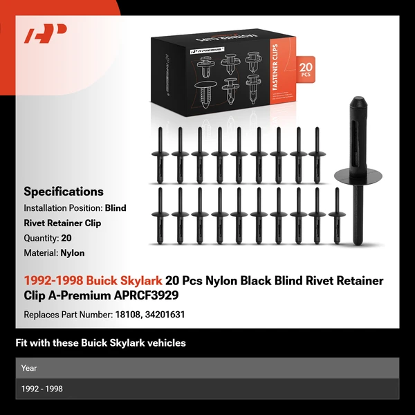 1992-1998 Buick Skylark 20 Pcs Nylon Black Blind Rivet Retainer Clip A-Premium APRCF3929