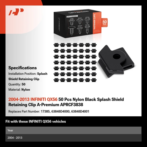 2004-2013 INFINITI QX56 50 Pcs Nylon Black Splash Shield Retaining Clip A-Premium APRCF3838