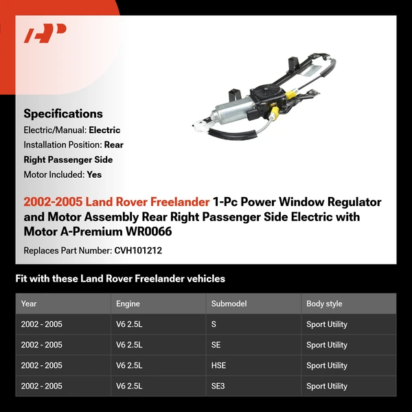 2002-2005 Land Rover Freelander 1-Pc Power Window Regulator and Motor Assembly Rear Right Passenger Side Electric with Motor A-Premium WR0066