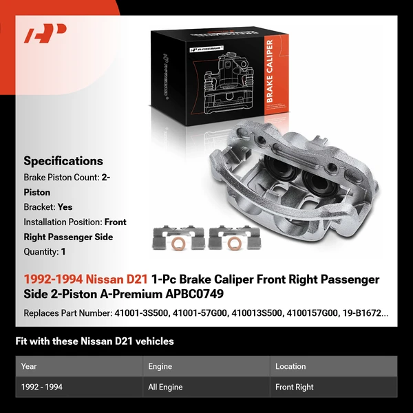 1992-1994 Nissan D21 1-Pc Brake Caliper Front Right Passenger Side 2-Piston A-Premium APBC0749